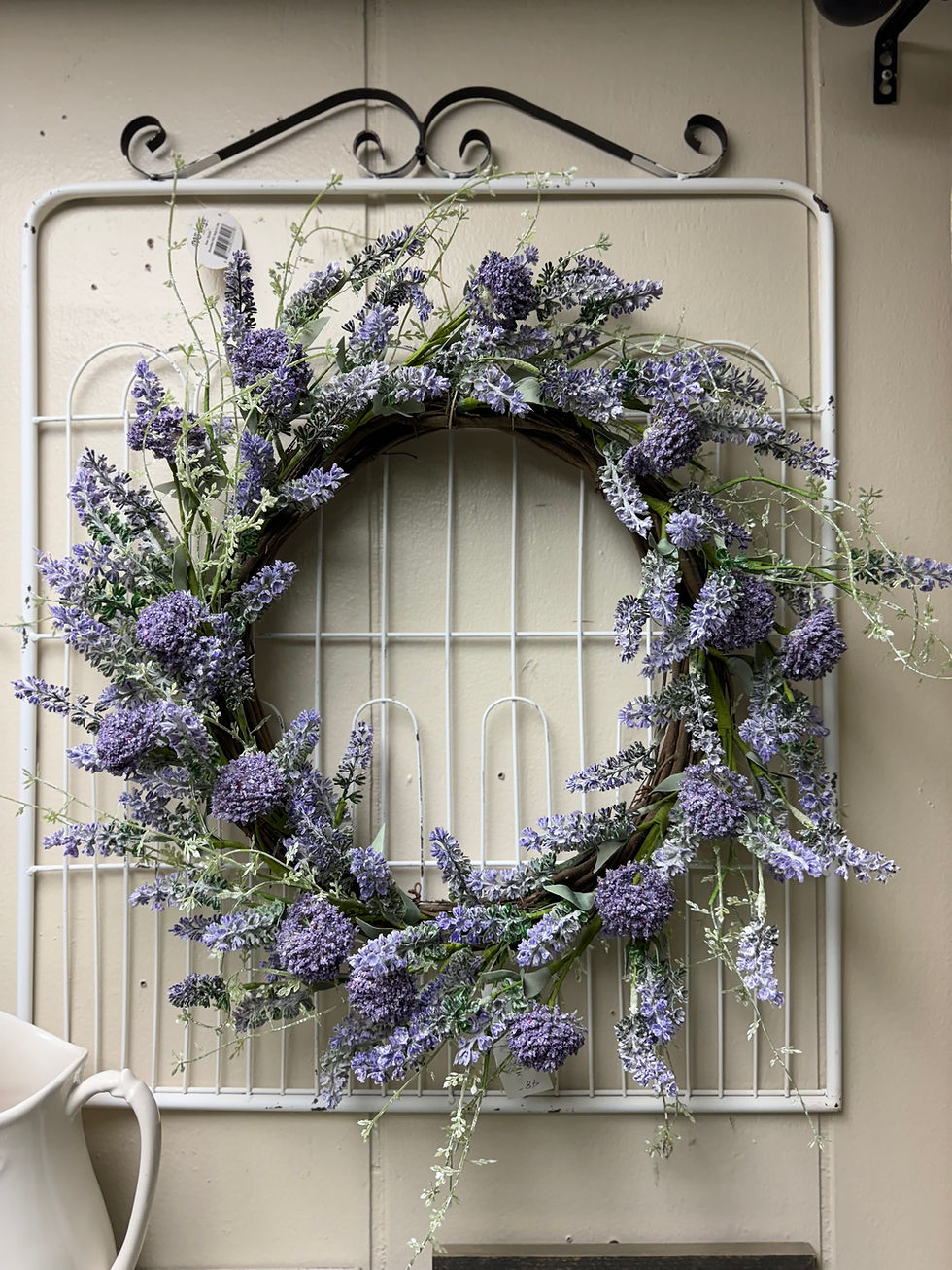20” wreath, lavender and purple thistle, grapevine base