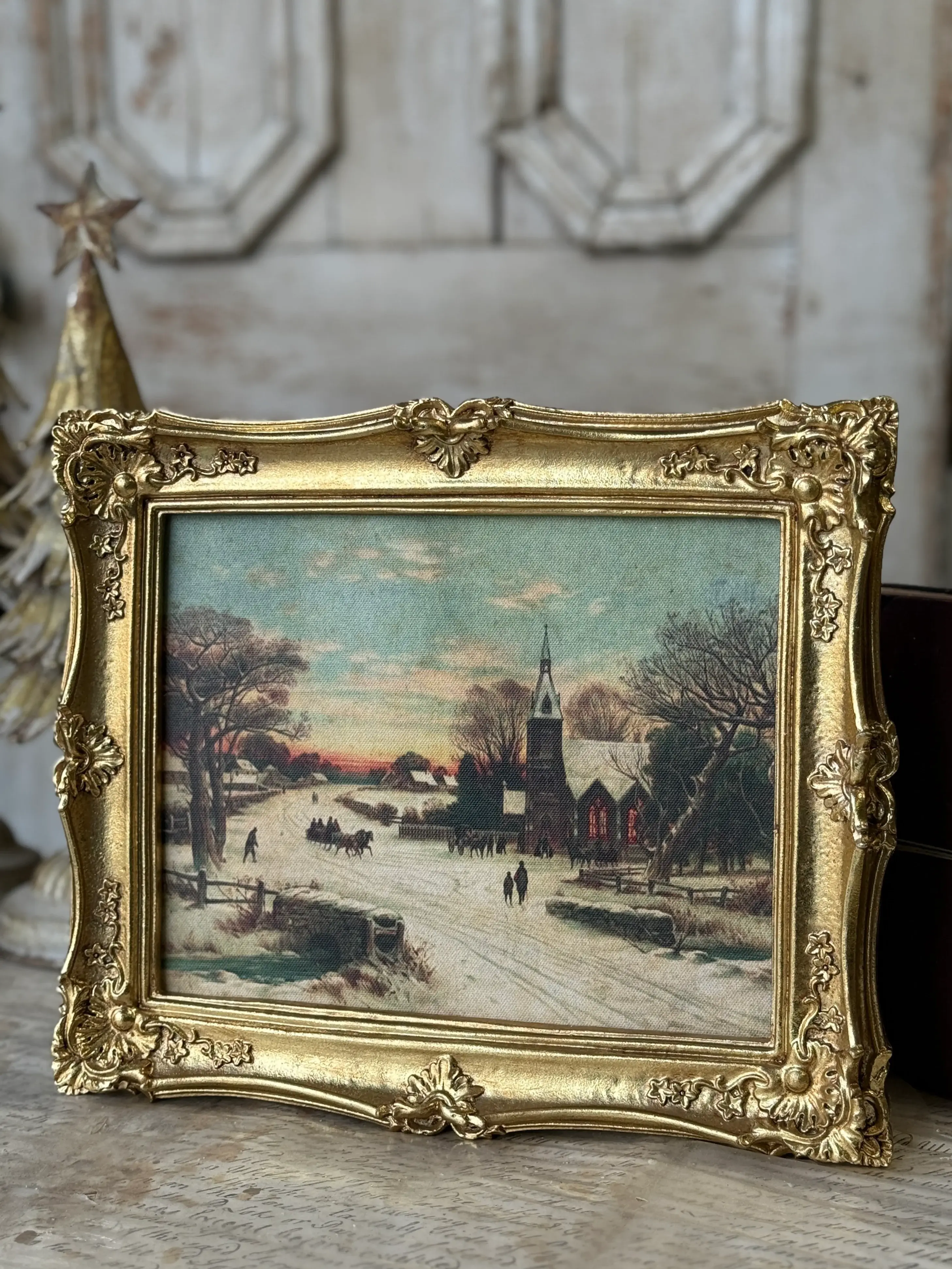 12.5" x 10.5" print of wintery scene is ornately framed and ready to hang, nostalgic look