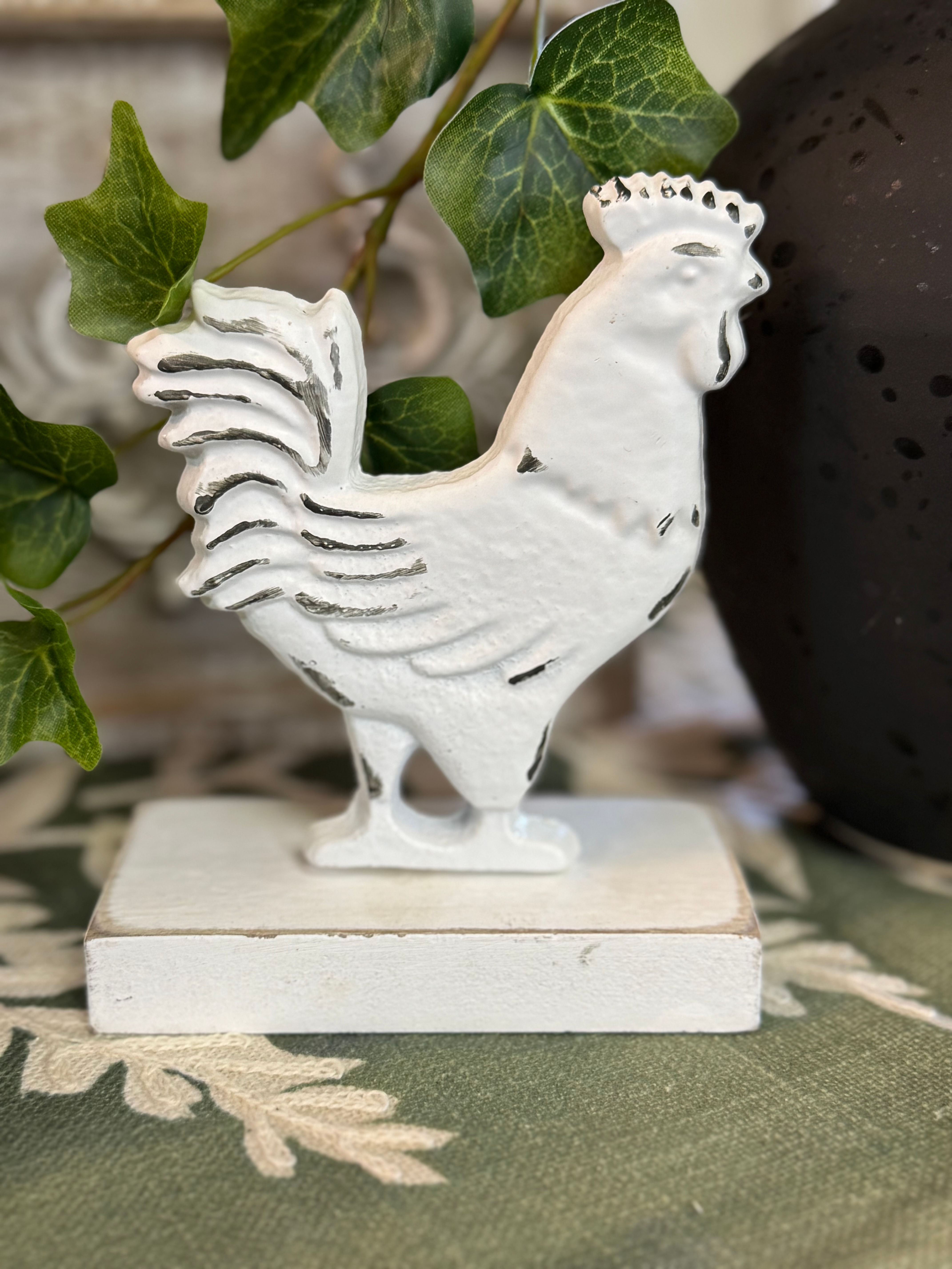 3.75" x 4.75" flat iron chicken painted a distressed white on a white wood block