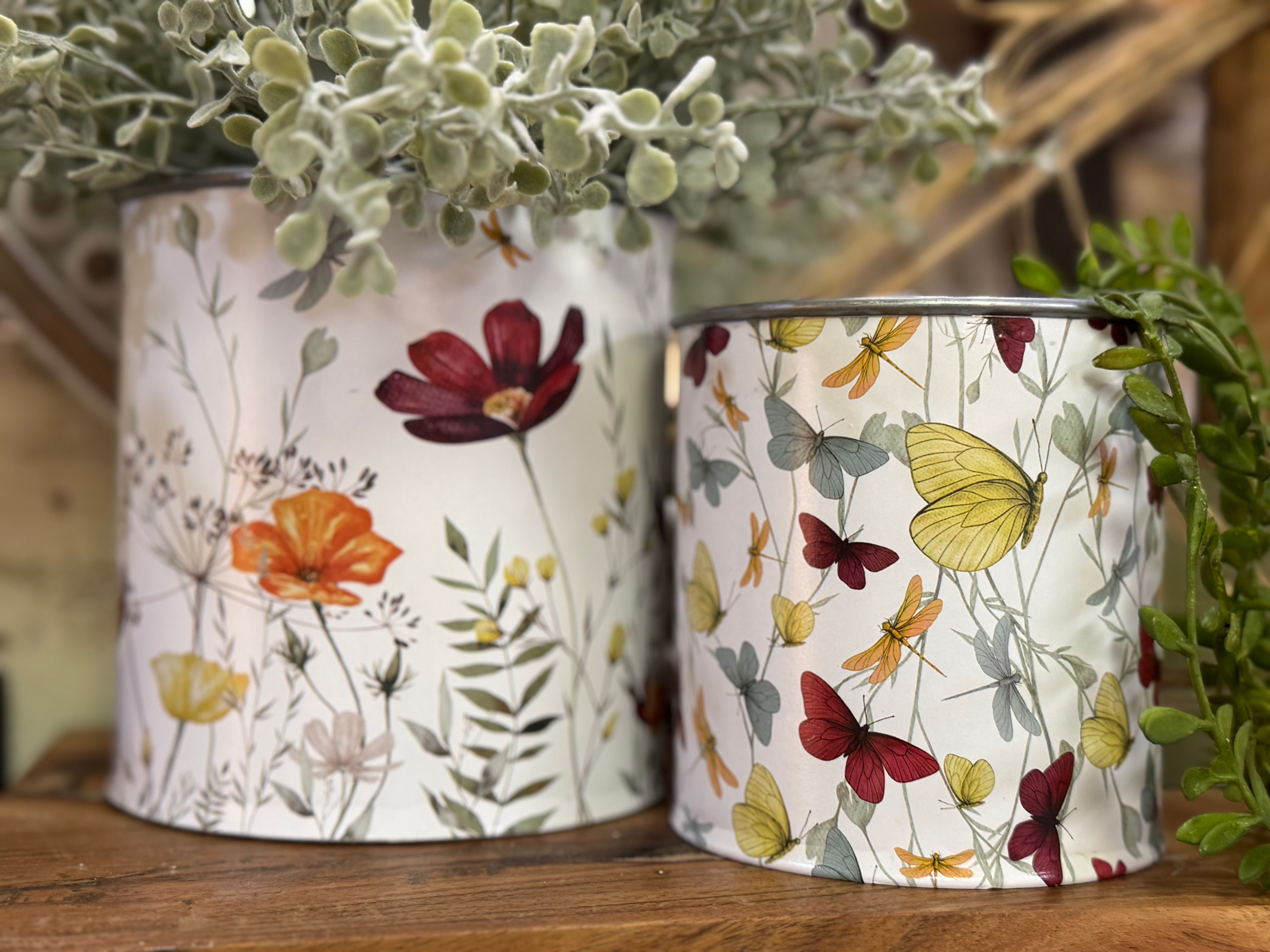 4" & 5" set of 2 metal buckets with overlay design of florals, foliage & butterflies