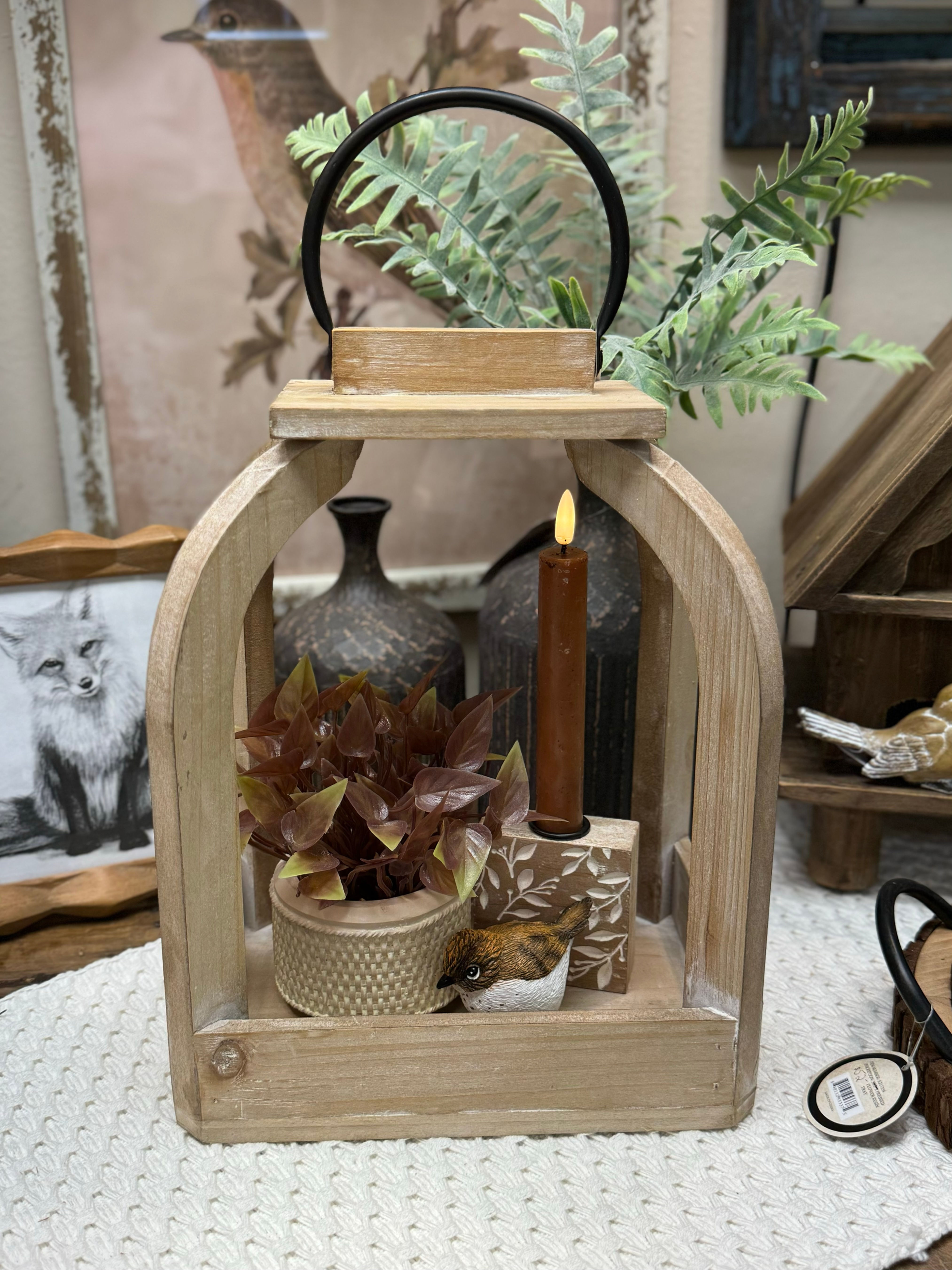 19.5” x 15” x 13.75” wood open air lantern, bell shape, black iron loop handle, use for display of decor or candles