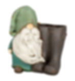 Thumbnail: Resin garden gnome wearing green hat standing beside a pair of garden boots that double as a vase