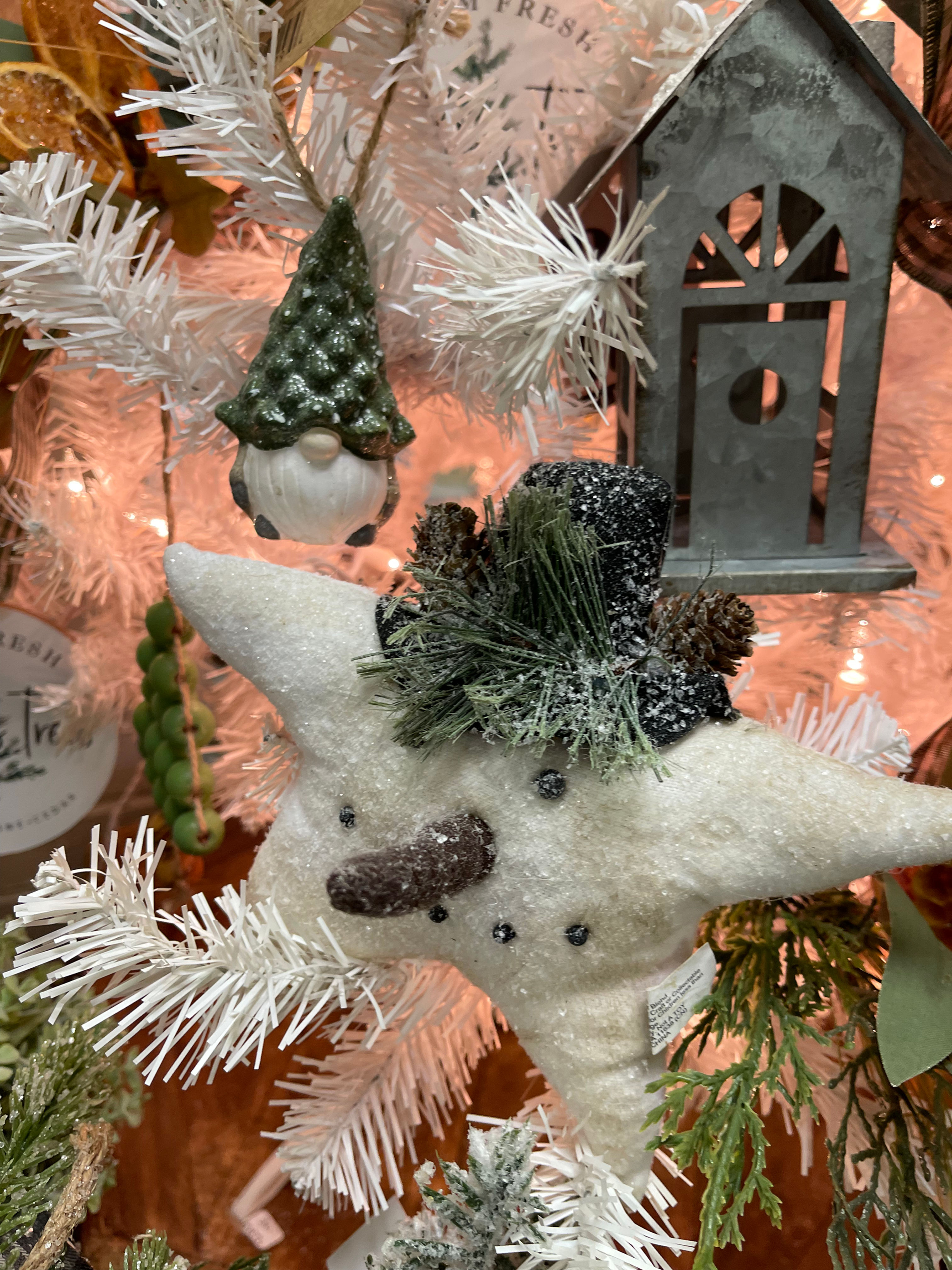 Stuffed plush Star snowman with top hat ornament