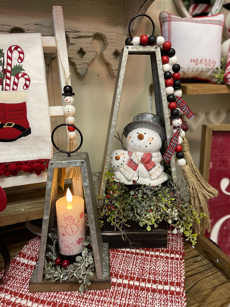Displayed in lantern Ceramic snowman head figurine wearing top hat and striped red scarf. Baby snowman head on side