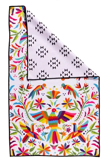 18"X30" towel, 100% microfiber Double sided print Waffle Weave knit construction makes this towel absorb 7 times its weight