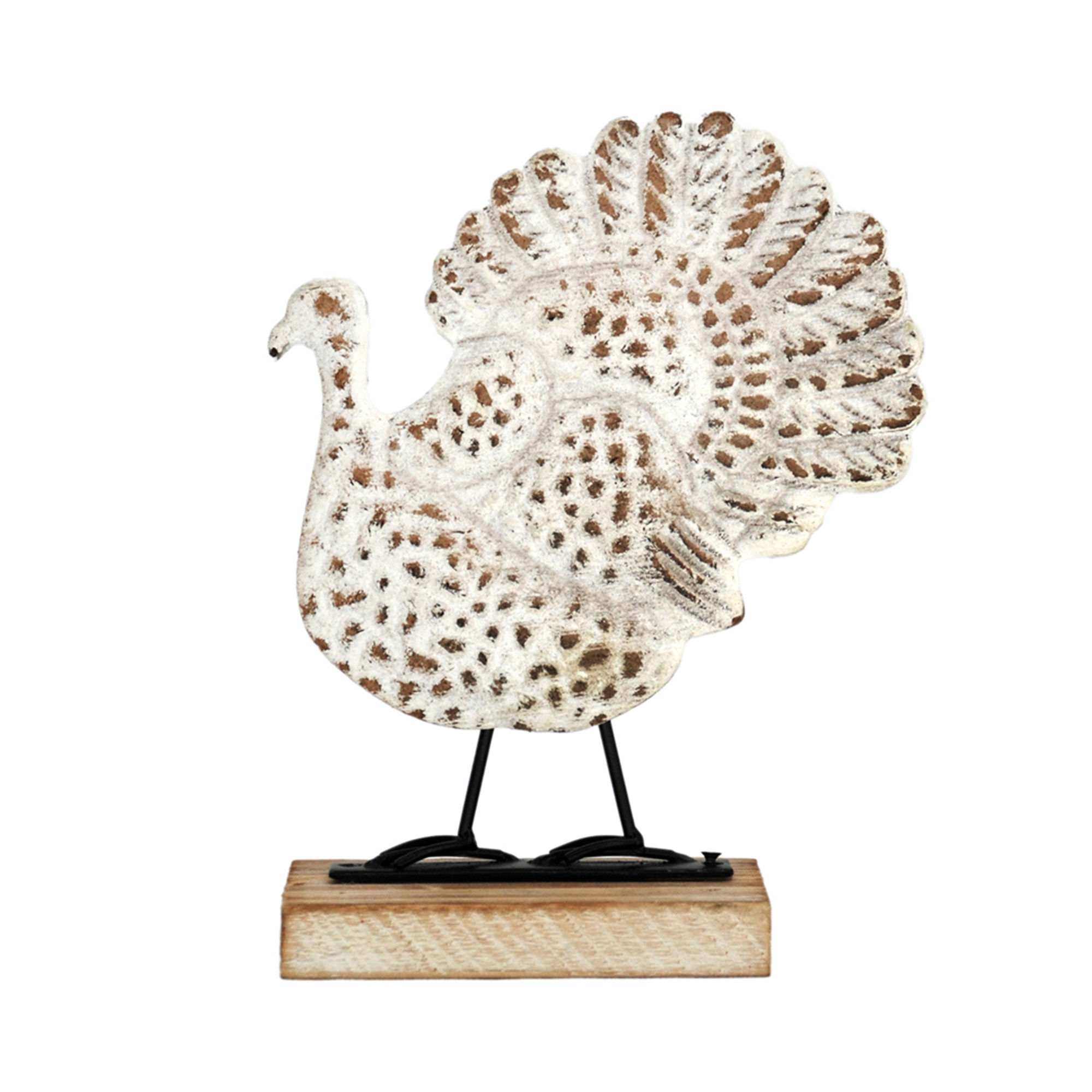 5" x 6.5" flat wooden turkey painted white, black metal legs mounted on a wood block base