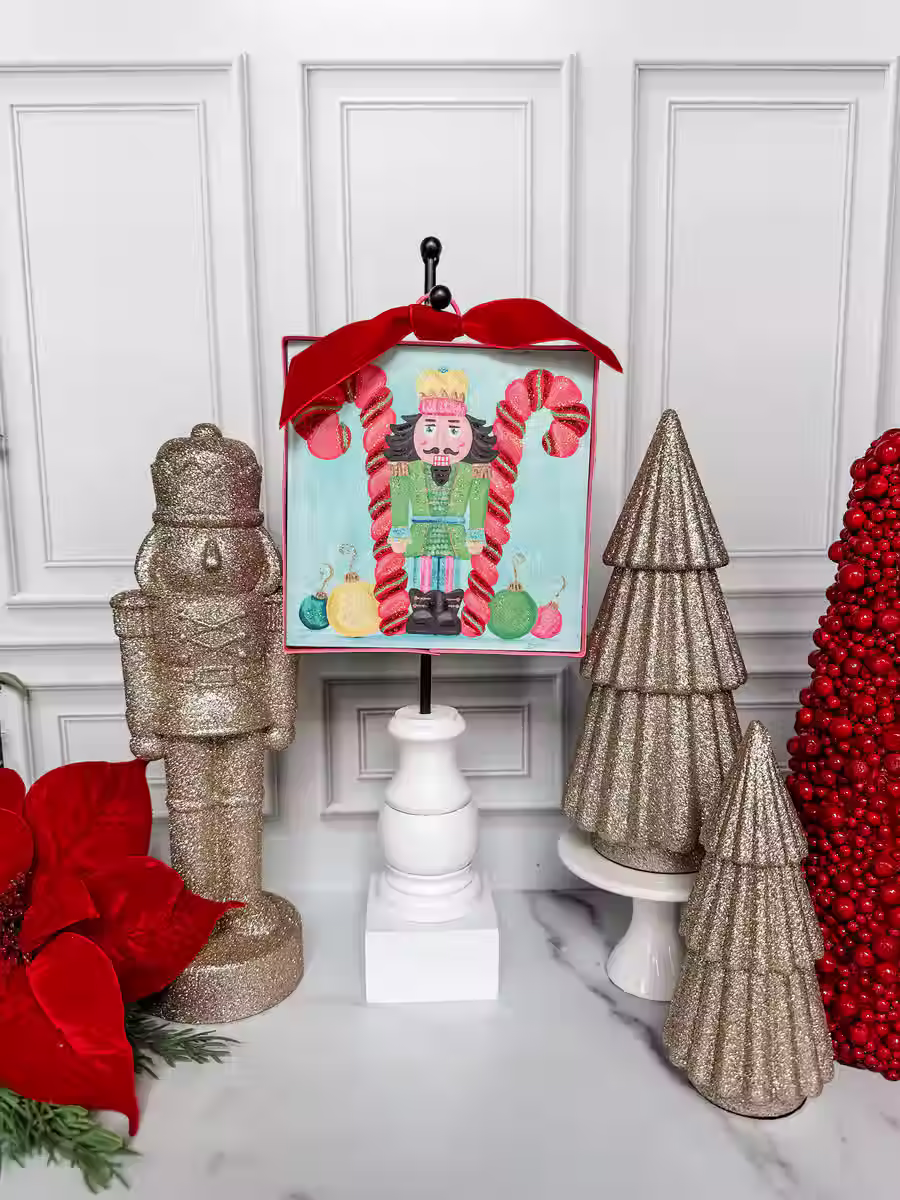 Thumbnail: 6" x 7" x 1" Round Top Collection print of a nutcracker & candy canes, corrugated metal frame, use alone or w/ Round Top base