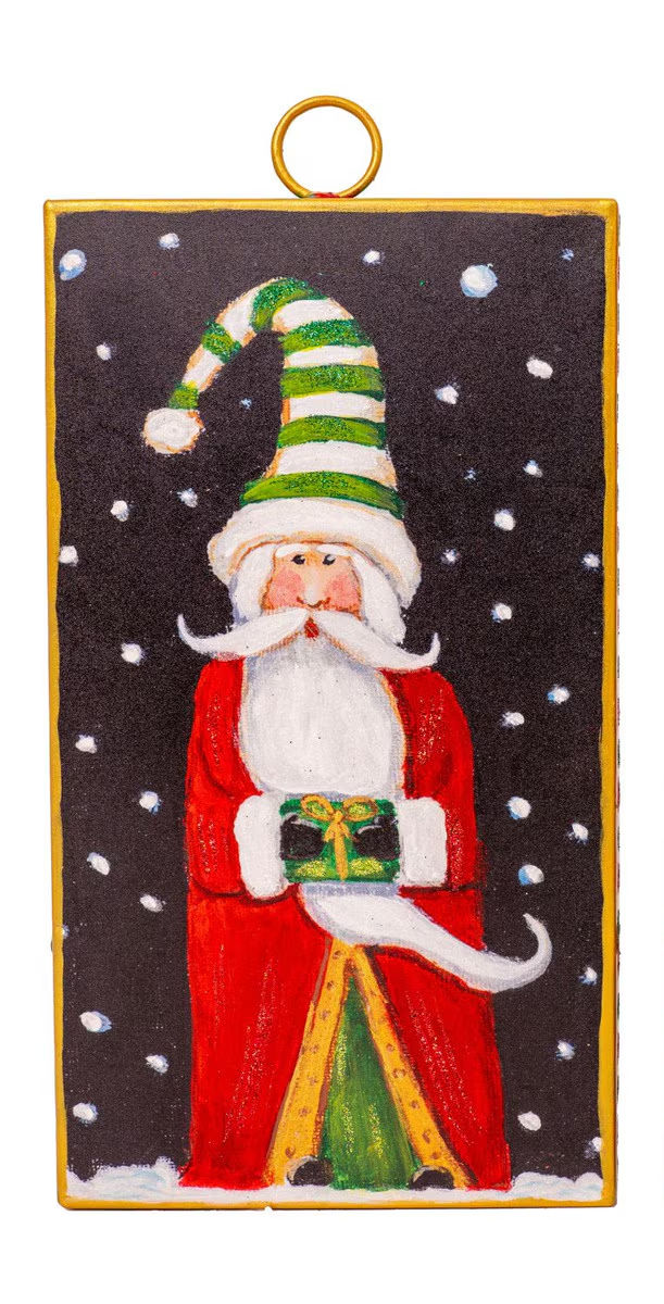 5" x 1" x 10" Round Top Collection metal print of an old world Santa wearing a green & white striped hat