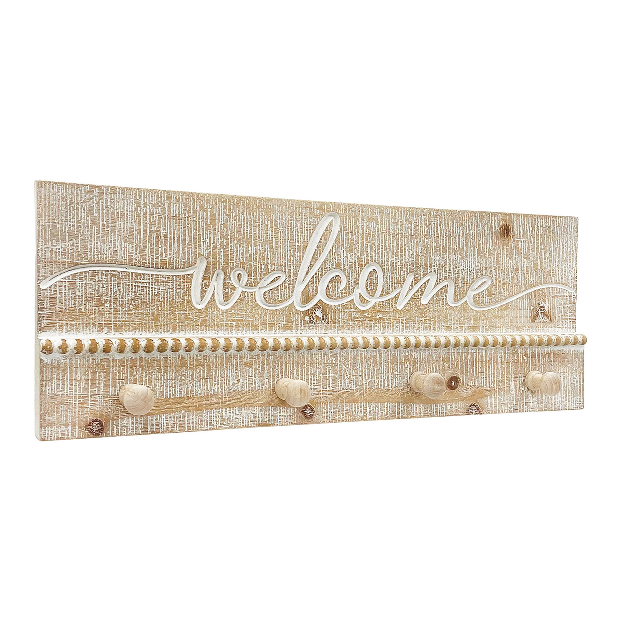Wooden wall welcome sign with pegs for hanging coats or decor