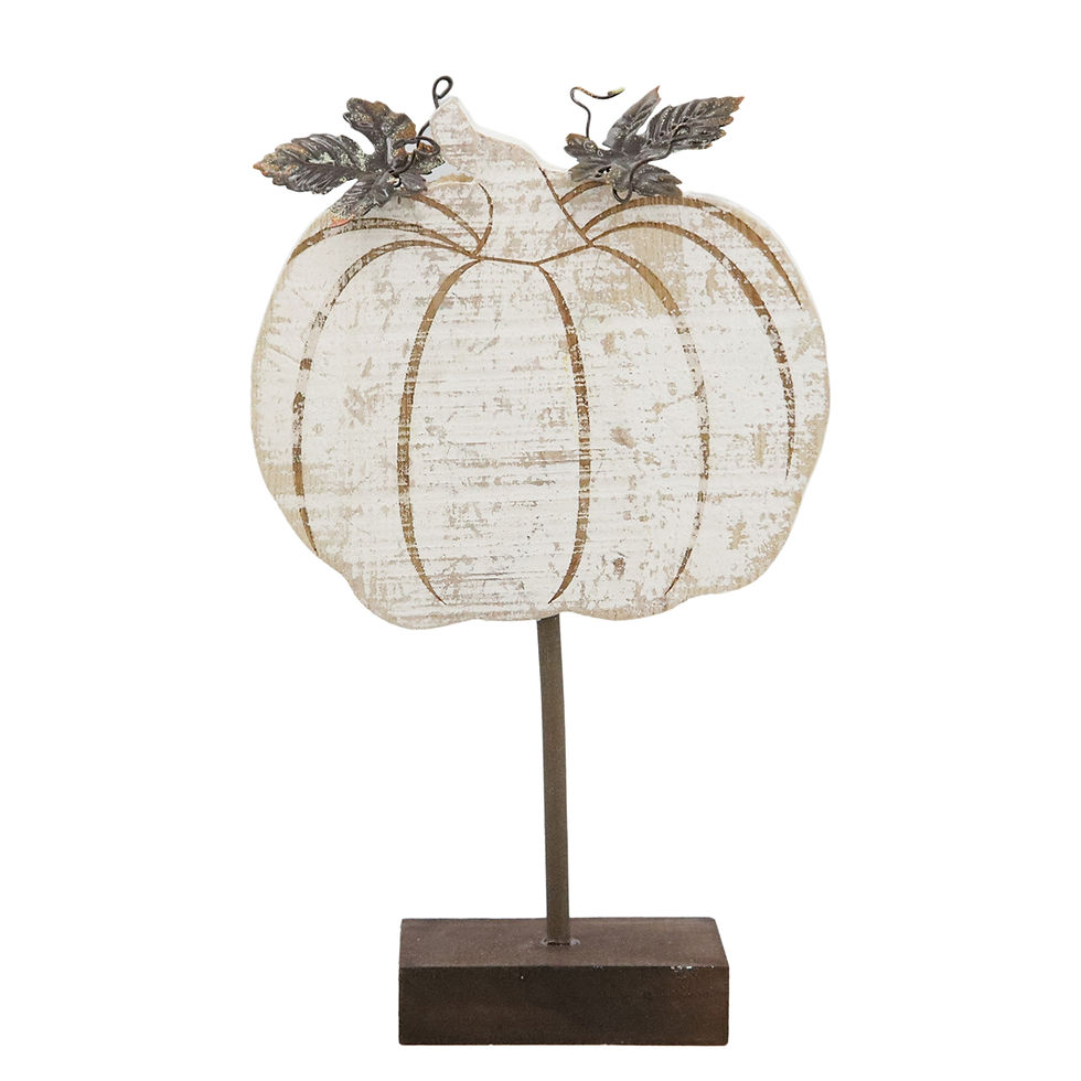 3.25” X 2.25” X 9“ flat white wood pumpkin with 2 metal leaves, on a metal rod with wood base to allow free standing
