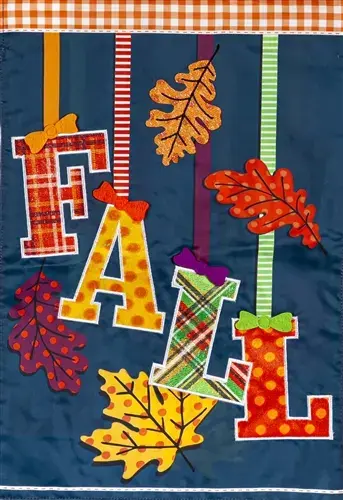 12.5"x18" Garden flag, double sided, fade resistant nylon, teal with appliqued fall leaves & the word FALL