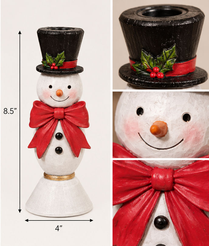 8.5 inch snowman taper candle holder with black top hat, holly accent and red bow.
