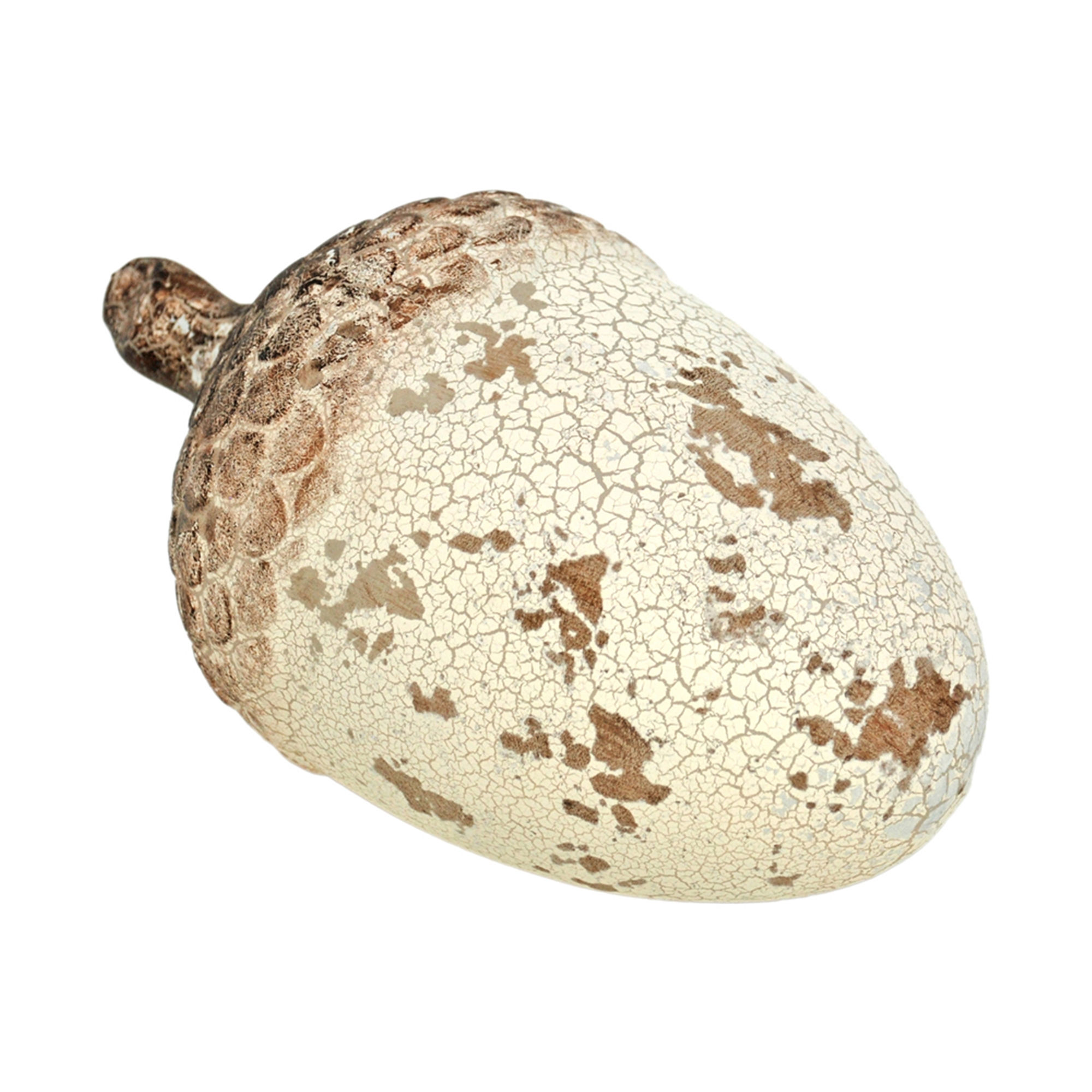 9.5" x 5.25" x 5" pottery acorn, white textured crackled finish, distressed and aged, tabletop fall decor