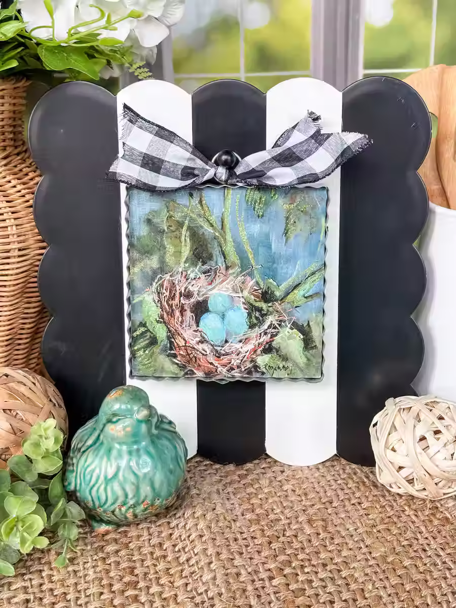 6" x 1" x 7" Round Top Collection print of foliage with a bird nest holding 3 blue eggs, corrugated metal frame