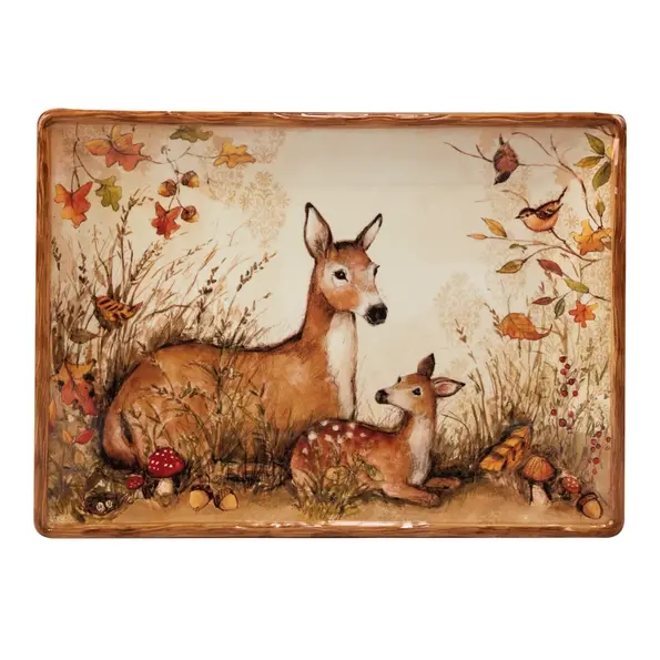 14" x 10" earthenware rectangular platter, illustration of a momma & baby deer laying in fall foliage, food safe