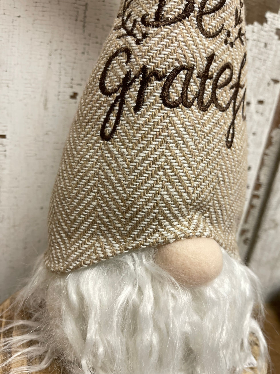 15" x 5" Fabric gnome for Fall and Thanksgiving, brown herringbone cap with "be grateful" embroidered in brown script