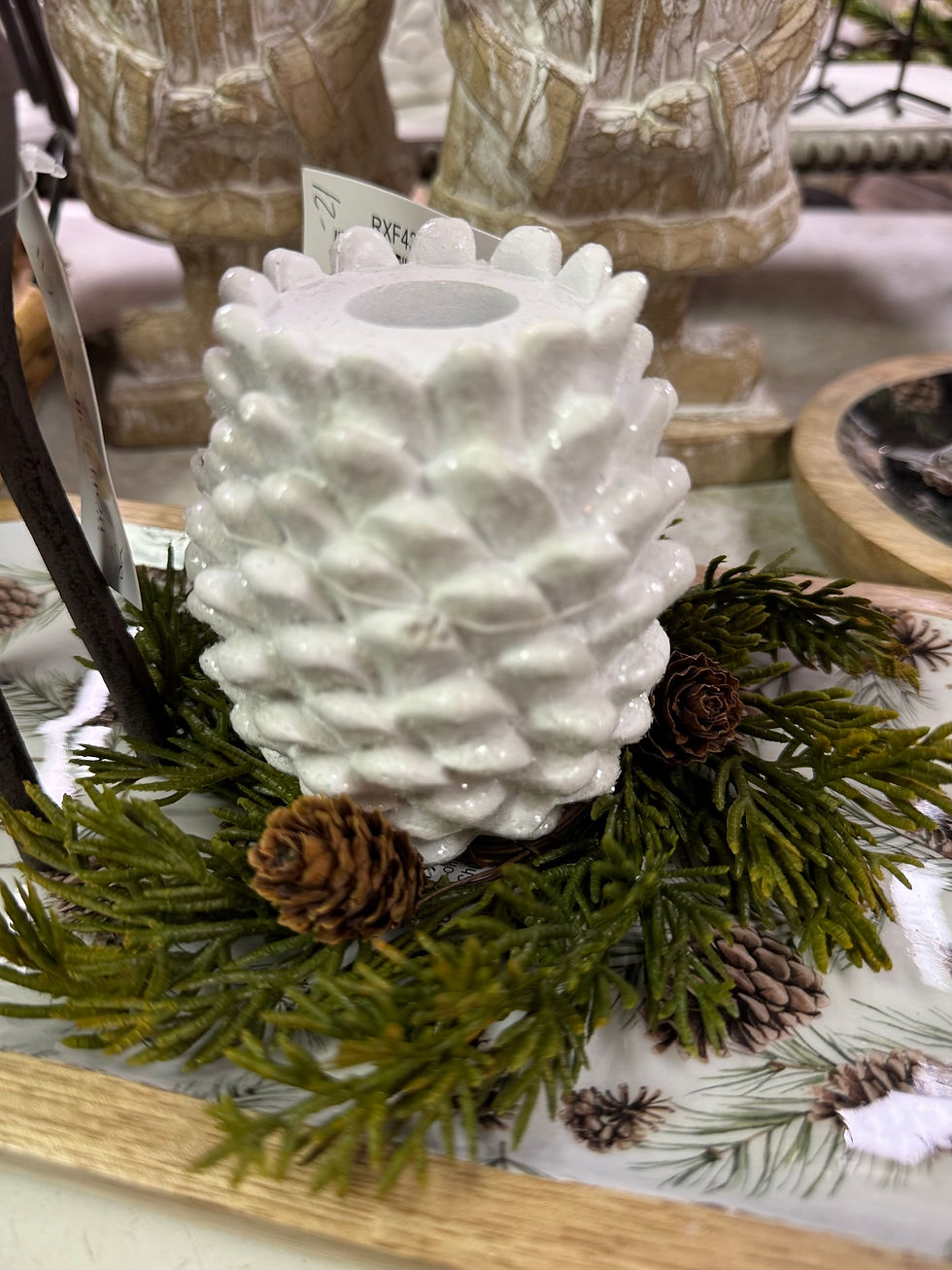 3.5" tall resin pinecone taper candle holder, white with glitter snow coating