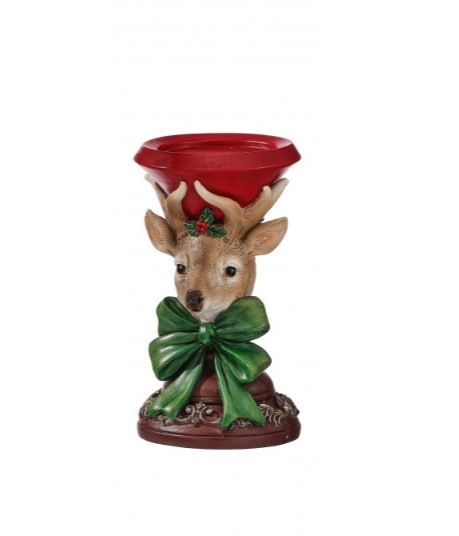 9-inch resin Christmas deer pillar candle holder with green bow, holly accent, detailed antlers, and decorative red pedestal