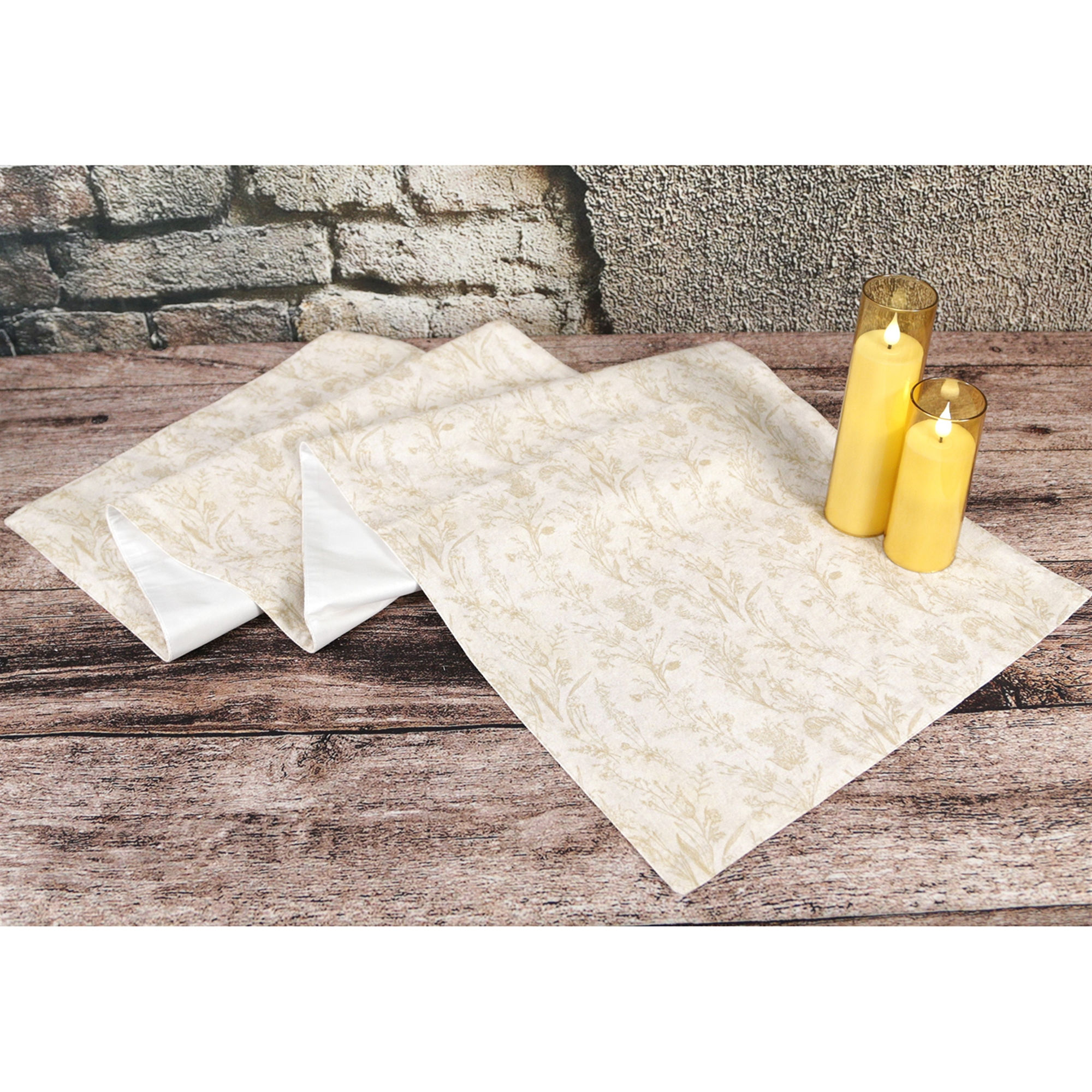 15" x 56" cotton table runner, cream printed with golden brown all over pattern of wildflowers