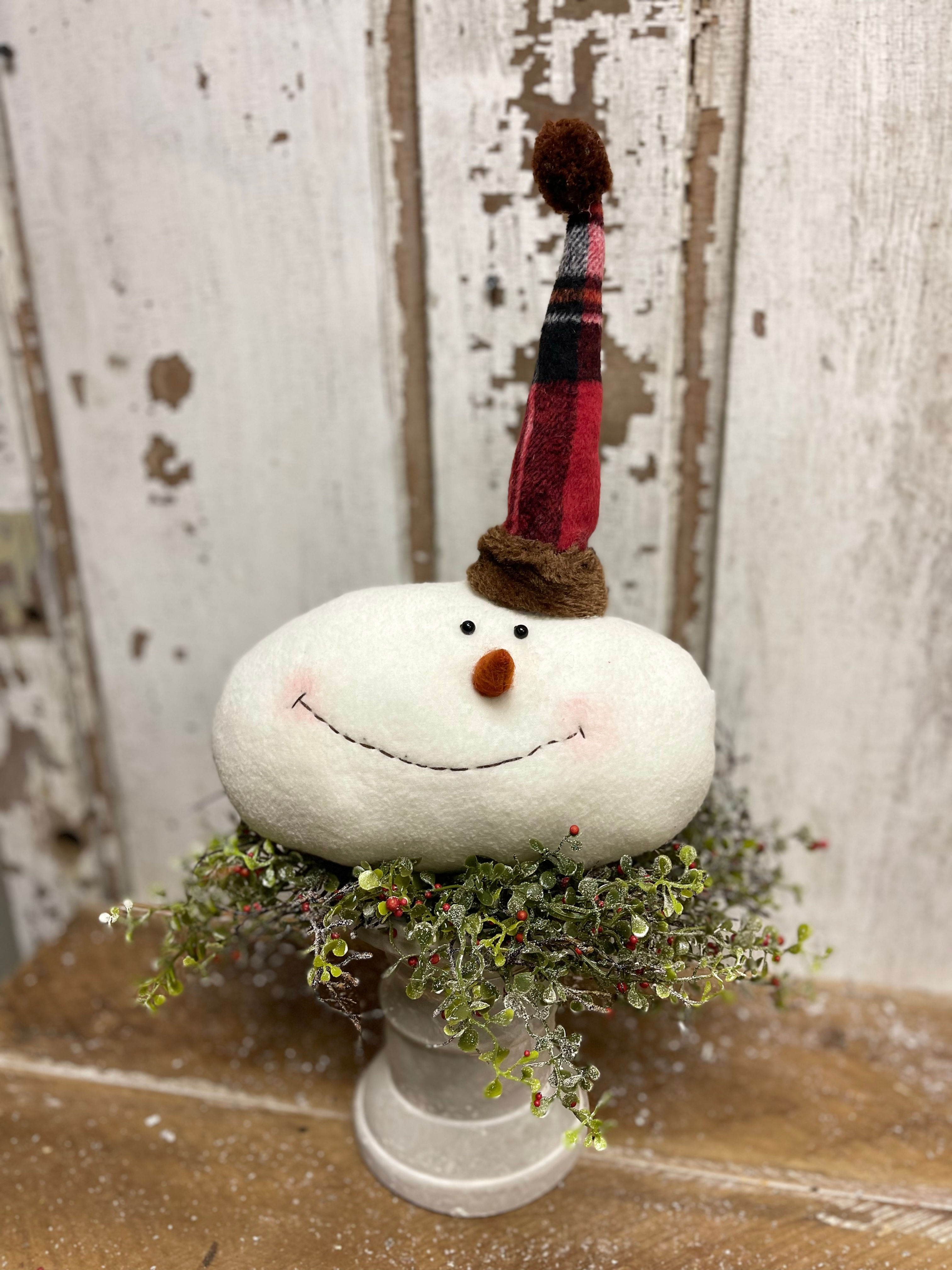 Snowman head plush with small stocking cap front view