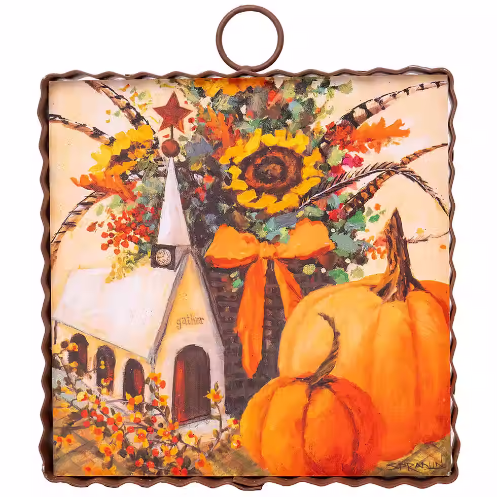 6" x 1" x 7" Round Top Collection print of fall florals, pumpkins & wood church sitter, corrugated metal frame, top ring