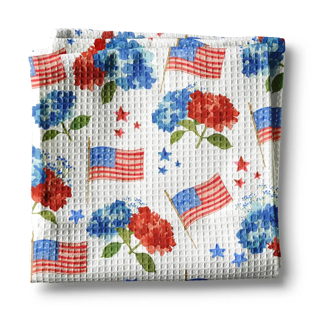16”x 24” waffle weave kitchen towel, highly absorbent, 80% polyester & 20% polyamide, printed with patriotic images