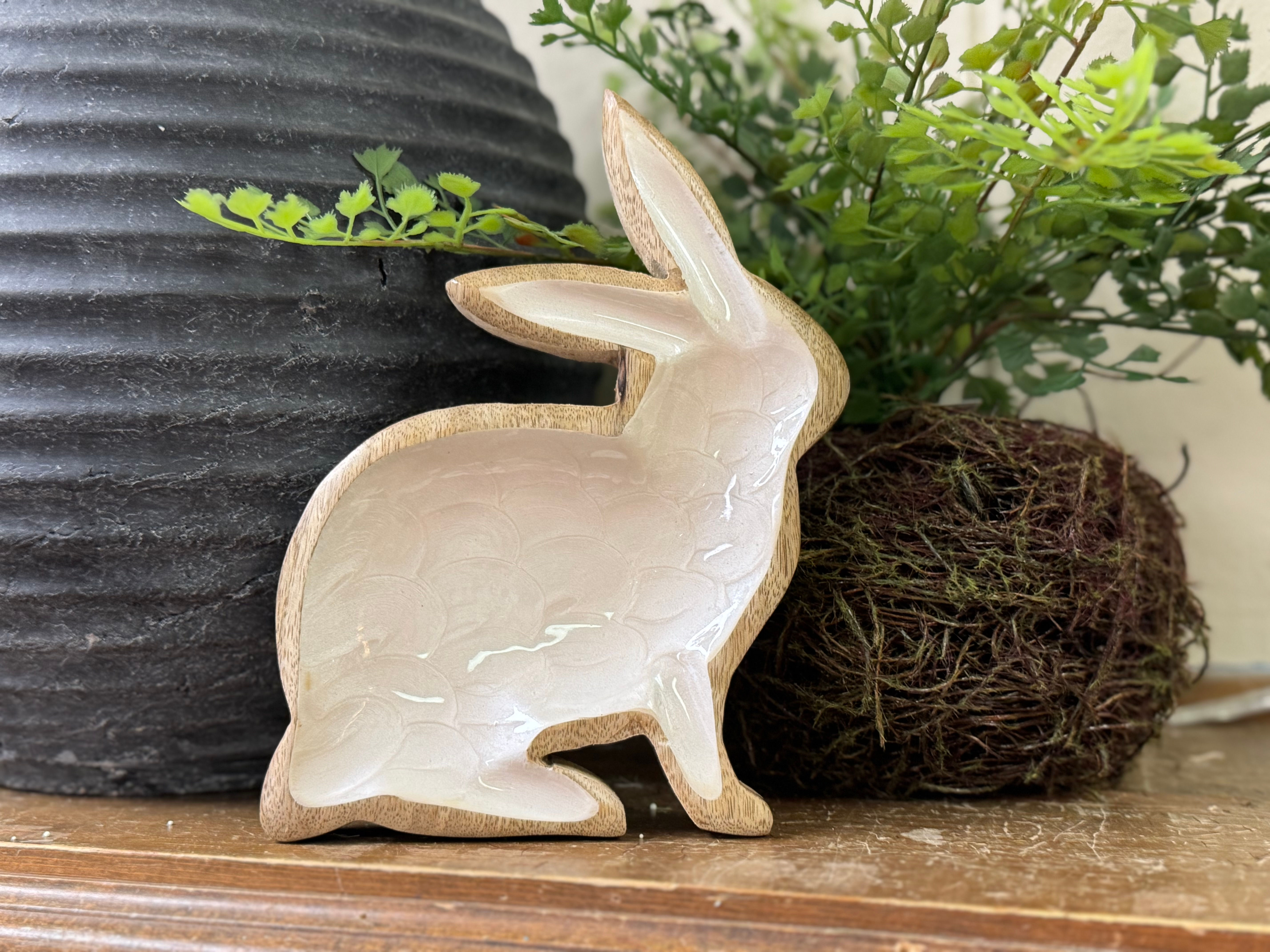 6" x 8" wood bunny silhouette tray with white pearl enamel coating on top