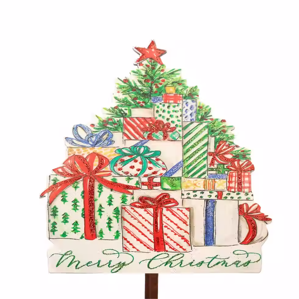 7"x 8" metal Round Top Collection finial, use w/ an interchangeable Round Top finial base, Christmas tree & presents