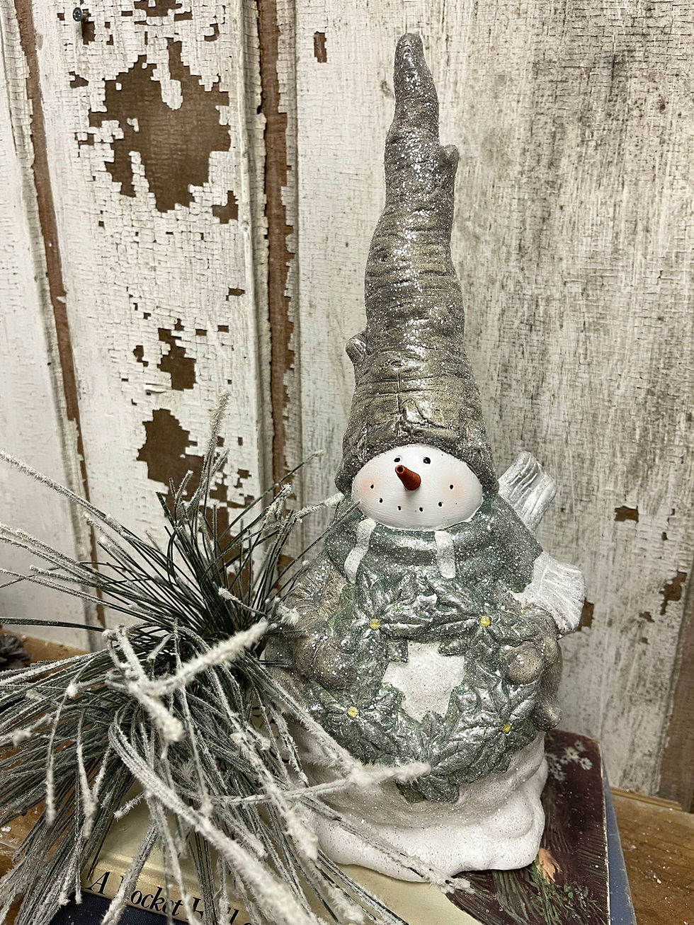 Ceramic snowman figurine holding a wreath and wearing a tall birch log hat