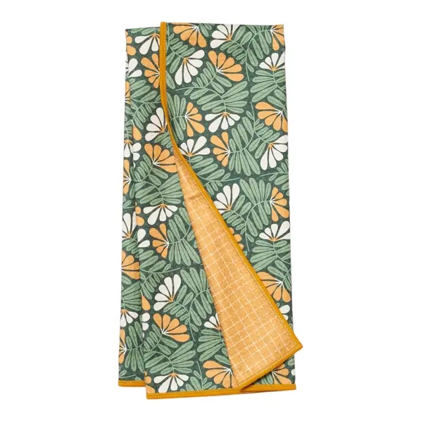 18" x 30" waffle weave towel, reversible fall print design, highly absorbent, quick dry, takes up minimal room, loop to hang