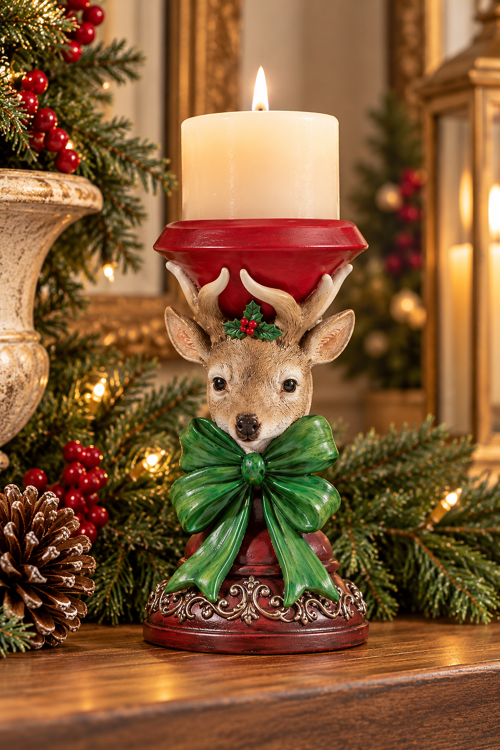 9-inch resin Christmas deer pillar candle holder with green bow, holly accent, detailed antlers, and decorative red pedestal