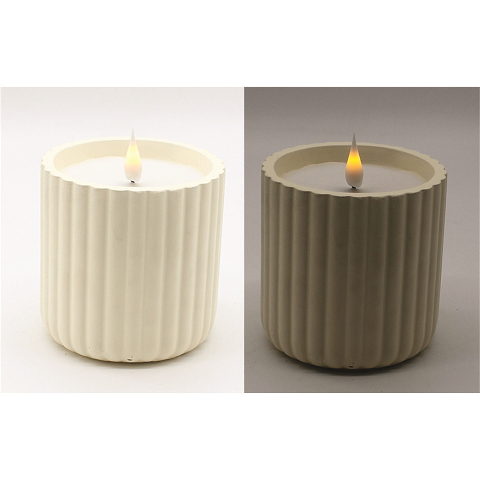 4" x 4" white ribbed pottery LED timer candle, real look flame, 6 hours on 18 hours off, 2 AA batteries (not included)