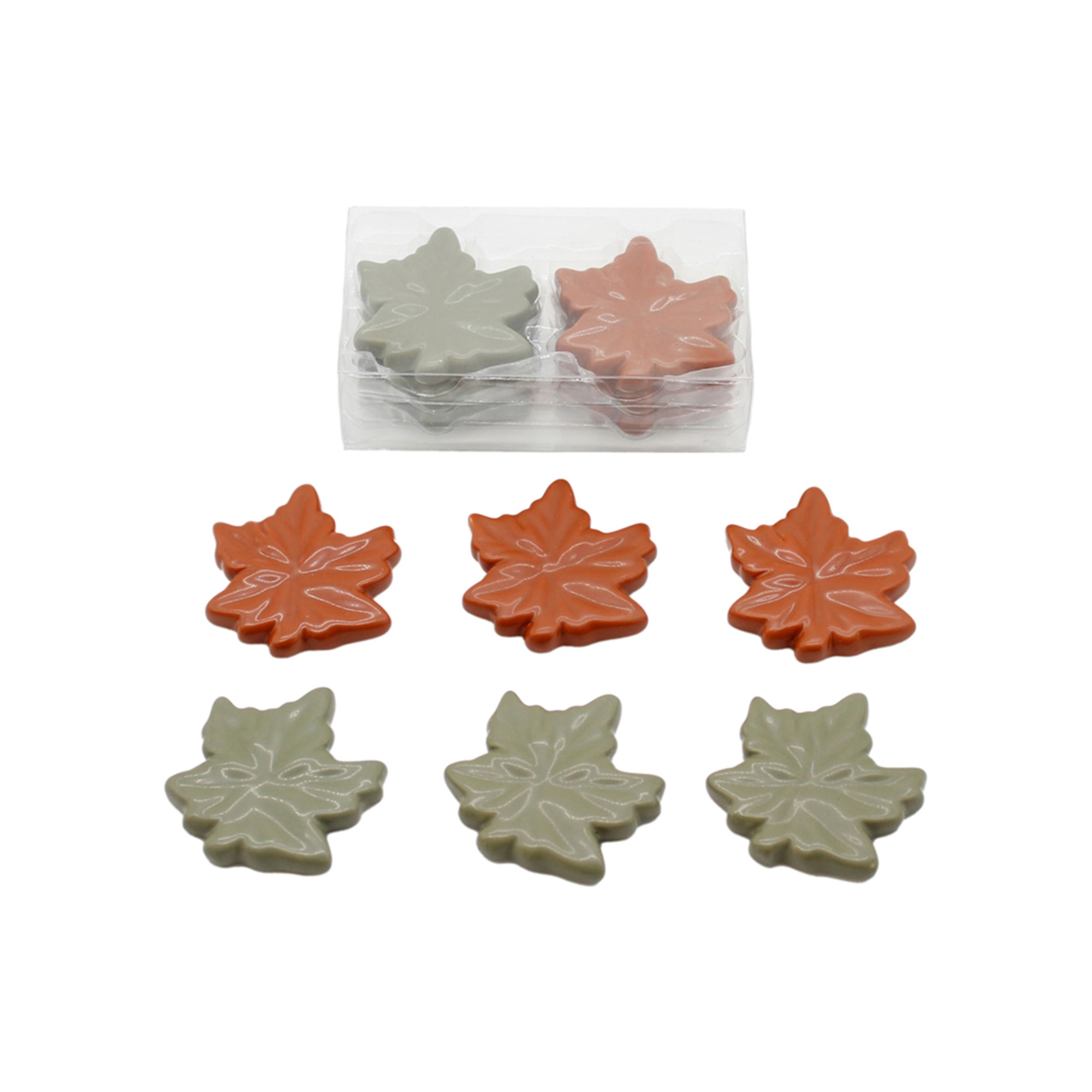 pack of 6 resin maple leaves, 3 orange, 3 green, each measures 2.25" x 2", use as bowl filler or for a fall place setting