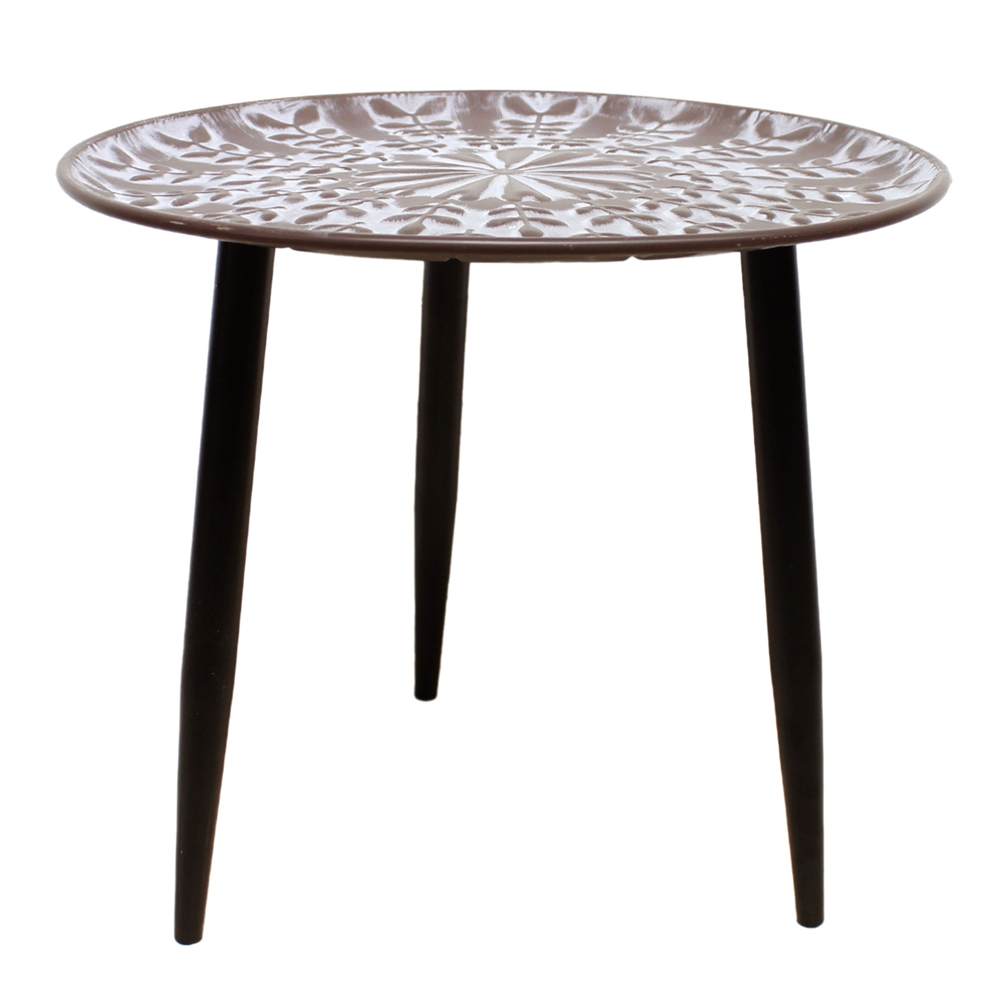 14" x 12.75"metal 3 legged riser, round cupped top with embossed foliage design, brown finish with cream in the relief areas