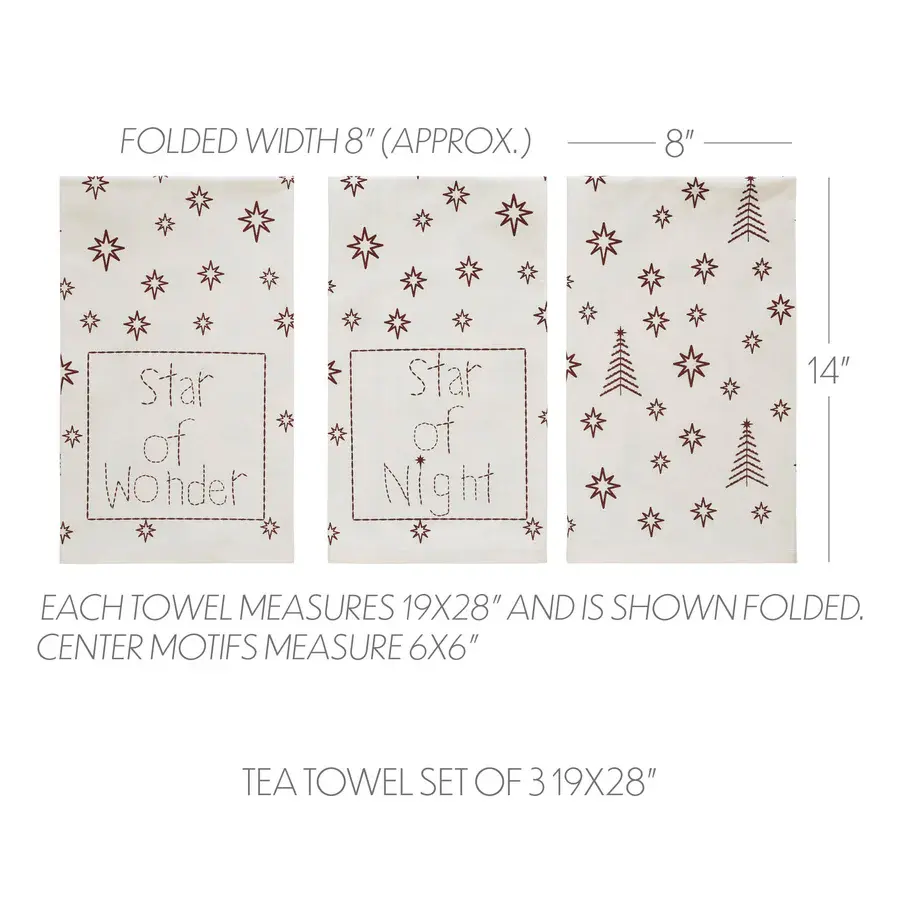 set of 3 tea towels - 28" x 19", cream background with burgundy print, 100% cotton, stars & "star of wonder", "star of night"