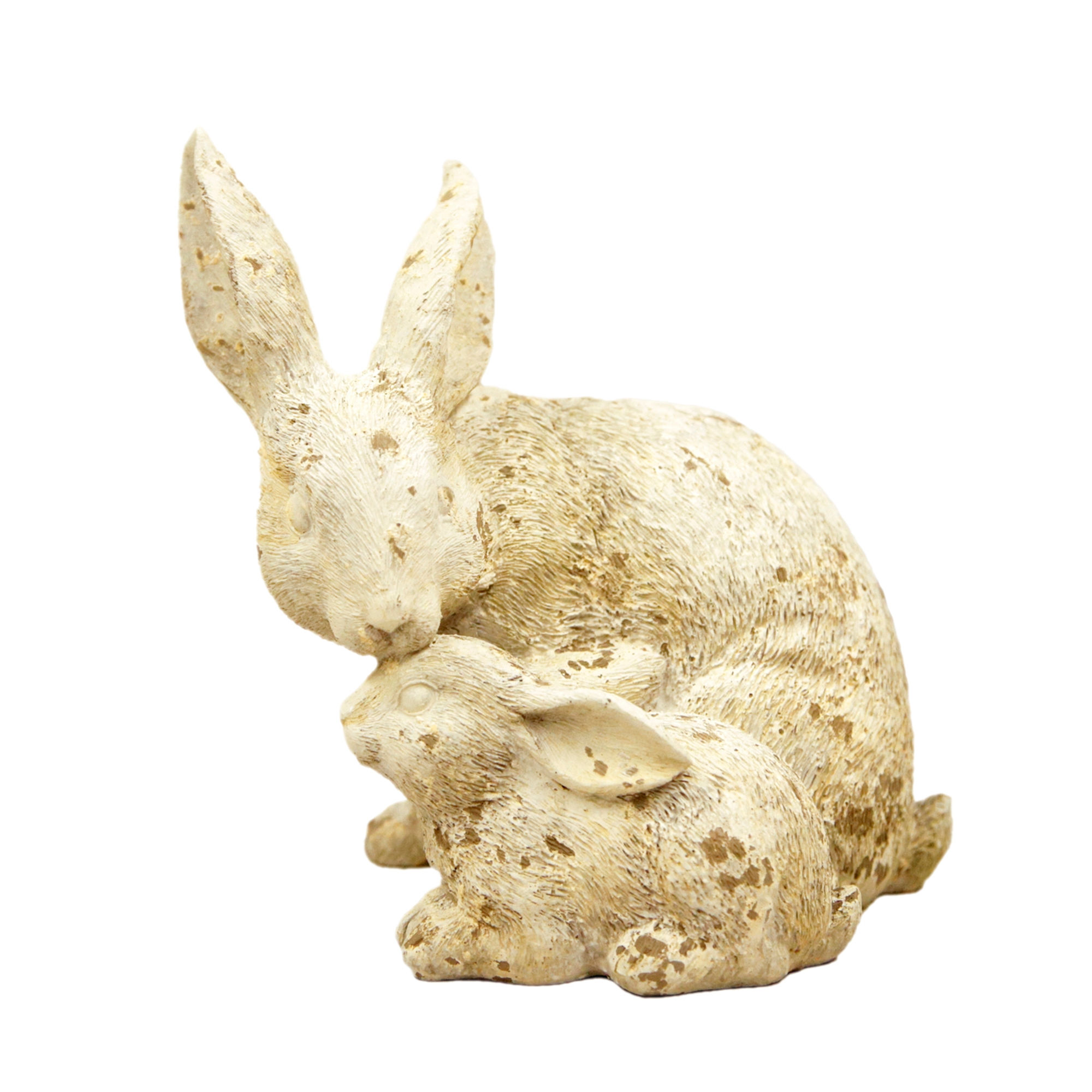 7”x 6”x 7” resin mama bunny with a baby rabbit, looks like concrete, distressed creamy white