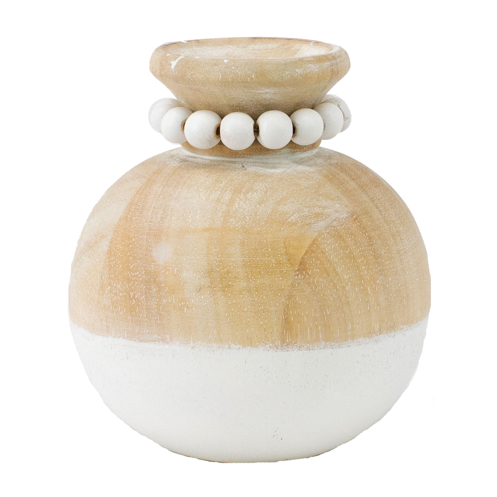 5.5" x 5.5" round wood vase, natural on top half & white on bottom, wood bead collar around neck