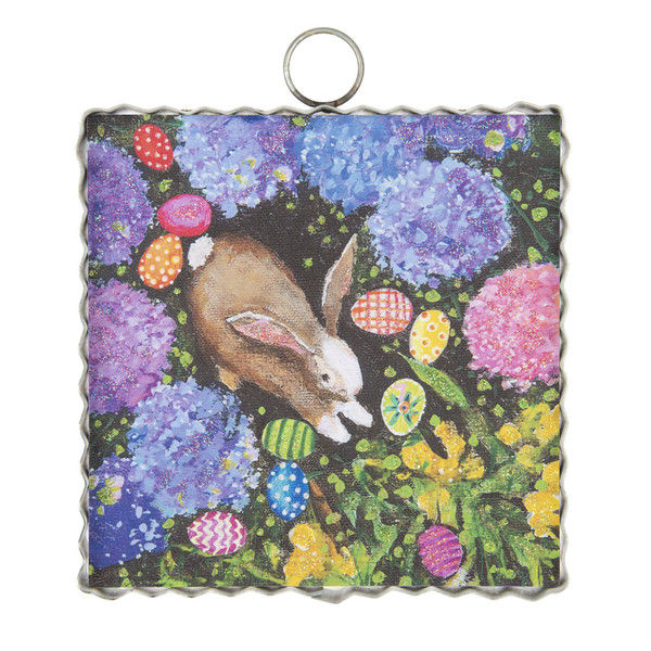Round Top Collection Hide & Seek Garden print of brown bunny in a garden full of Easter eggs and hydrangeas