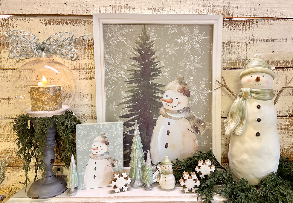 14" x 18" printed canvas image of a snowman, tree & snowflakes, white wooden frame