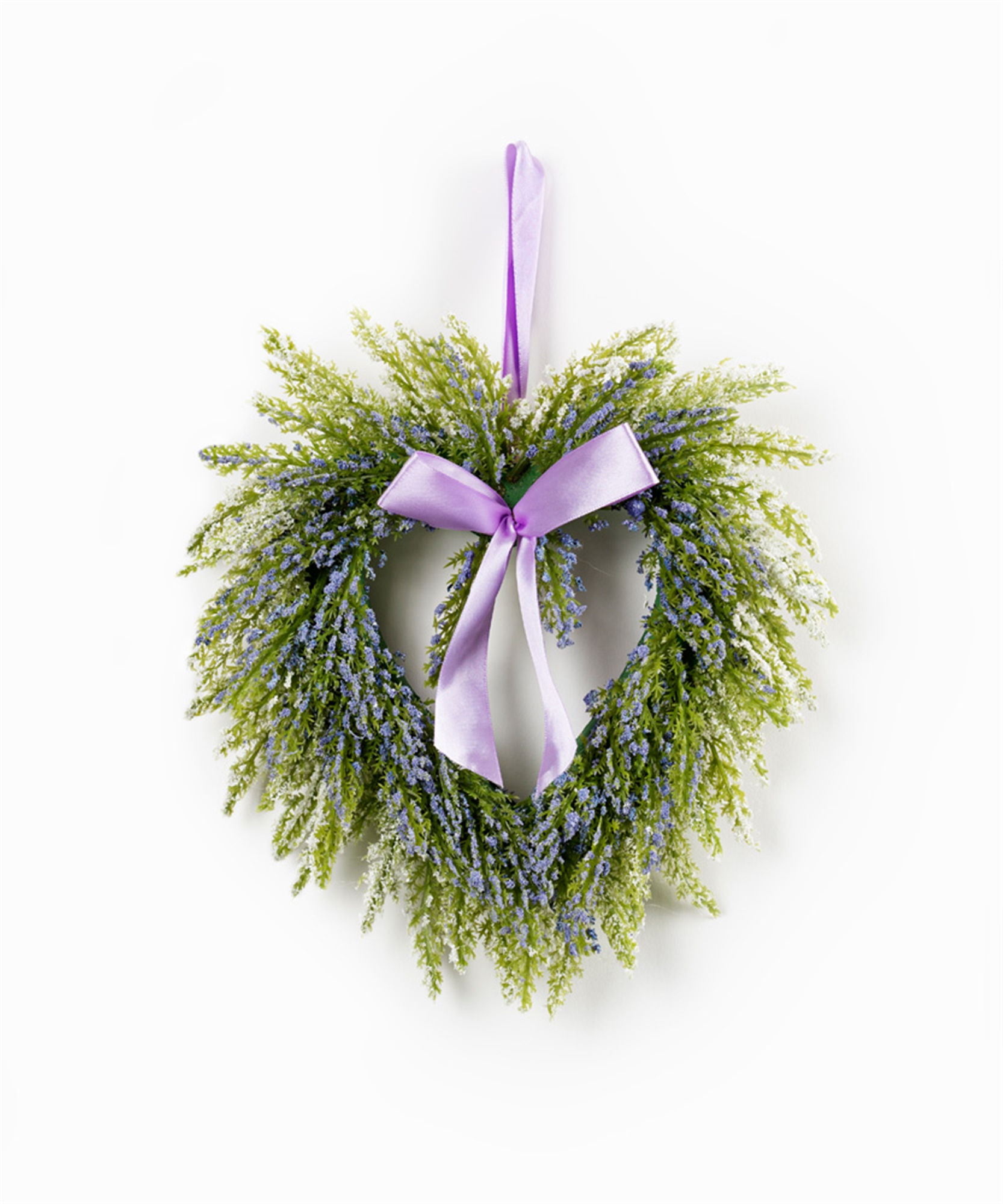 10” x 9” purple lavender florals paired with natural twig base in heart shape, satin purple bow & matching loop for hanging