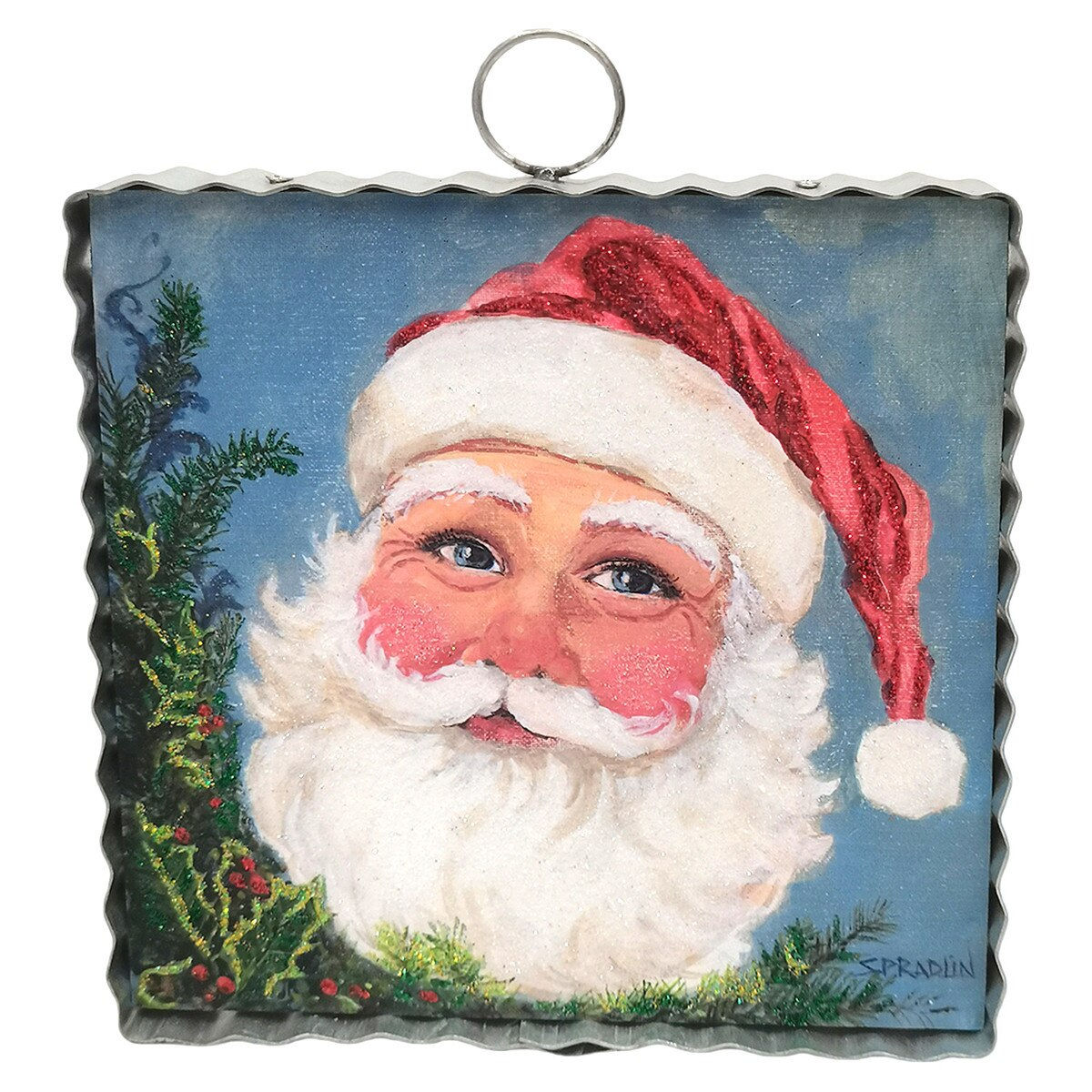Round Top Collection Kind Santa metal Christmas decor featuring a traditional Santa portrait with evergreen branches and red