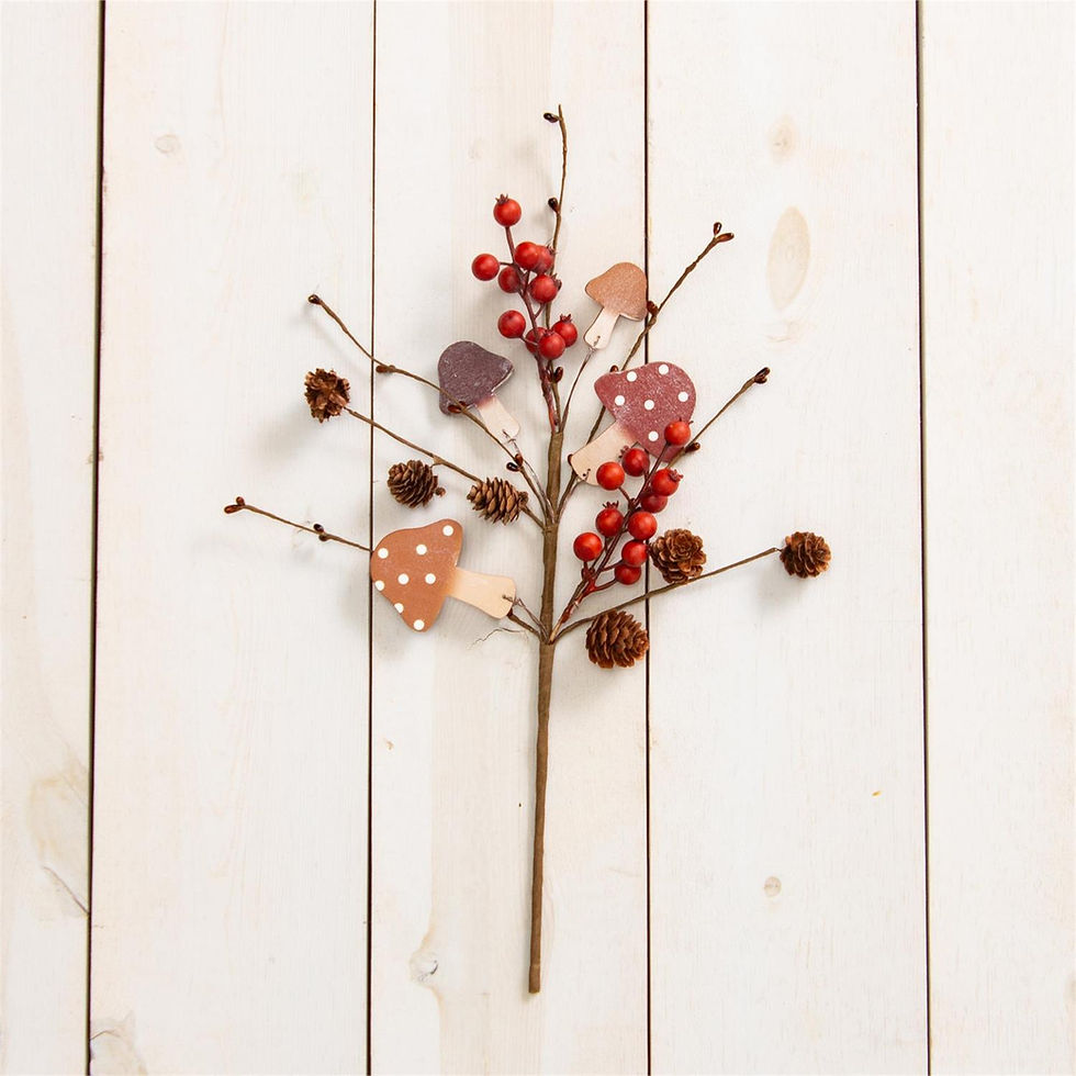 18" tall pick of burnt orange berries, brown pip berries, mini pinecones & various sized flat wooden mushrooms in earth tones