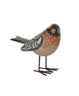 5.25" x 4" resin bird in black, cream & orange, carved look designs on bird, black wire feet