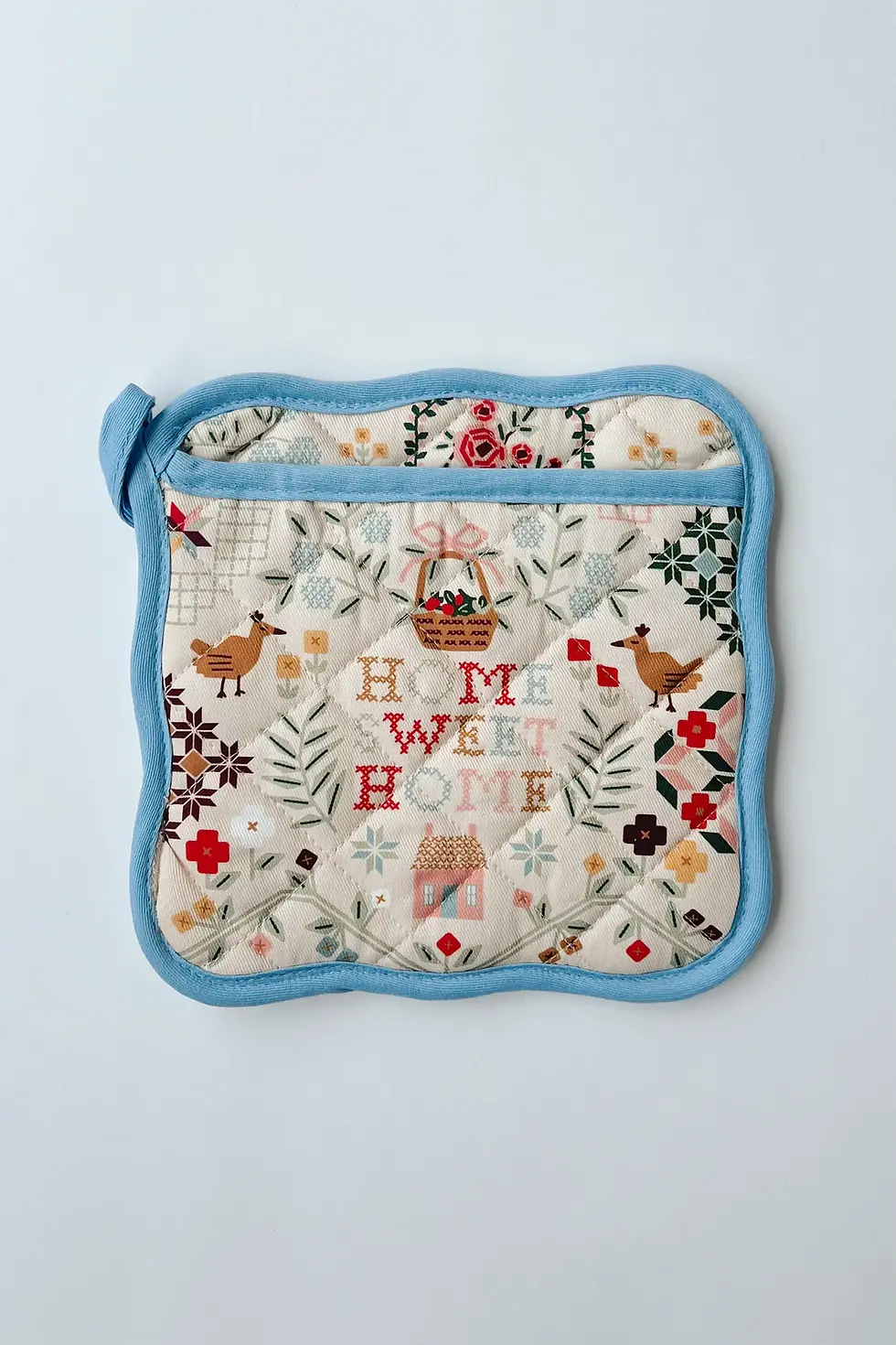 8" x 8" Rifle Paper Co quilted potholder, Home Sweet Home illustrations digitally printed in full color, loop for hanging