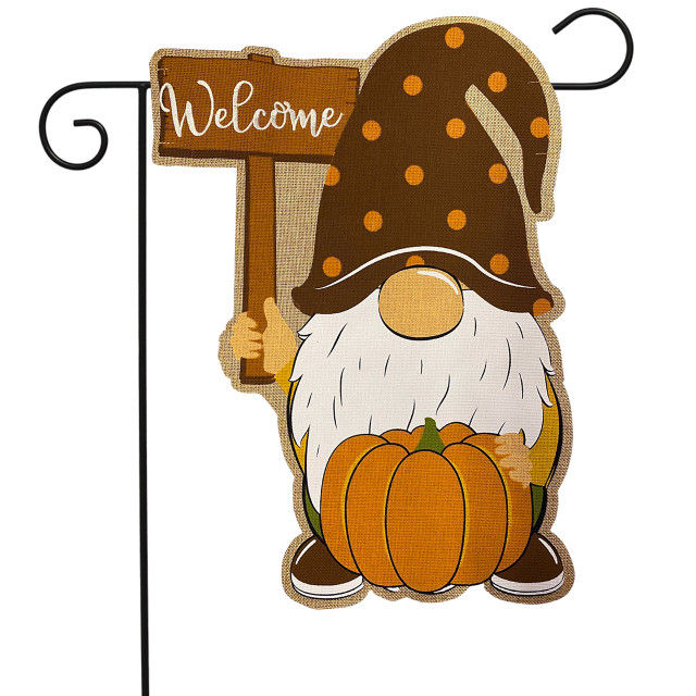 12.5” x 18” burlap garden flag. Cutout gnome shape, printed gnome is holding a pumpkin & a sign that says “welcome“