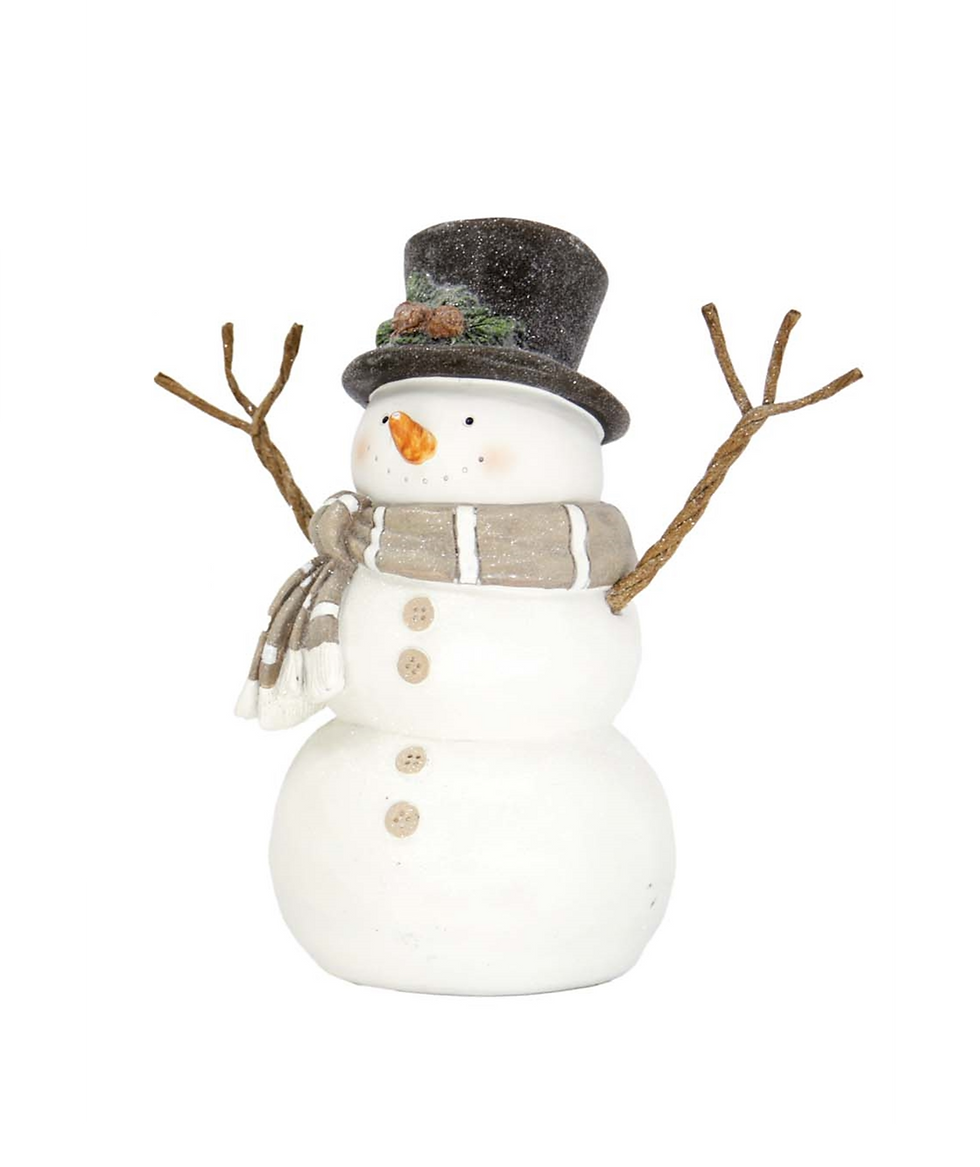 9" tall resin snowman wearing a dark brown top hat & brown striped scarf, brown wrapped wire arms, fine snow coating