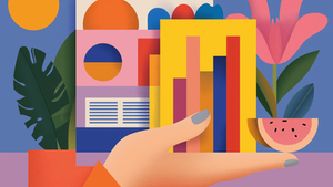 Hand holds colorful bar chart with geometric shapes and a pink flower. Blue background, warm tones, and a sliced watermelon.