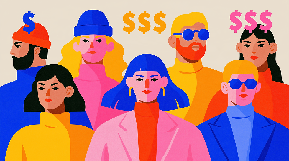 Colorful illustration of seven diverse people with dollar signs above their heads against a beige background.