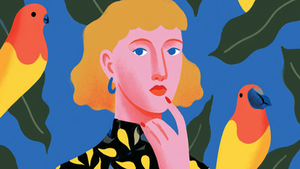 A woman with blond hair and patterned shirt ponders, surrounded by colorful birds and green leaves on a blue background.