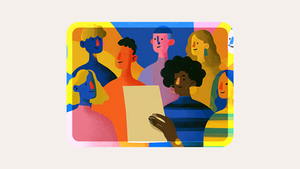Diverse illustrated group of people gathered around a blank sheet, smiling in a colorful abstract scene.